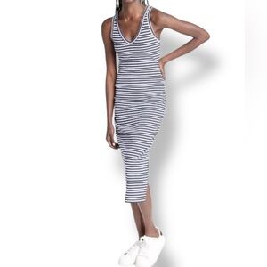 A new day Navy White striped Ribbed ruched Tank Dress v neck coastal preppy